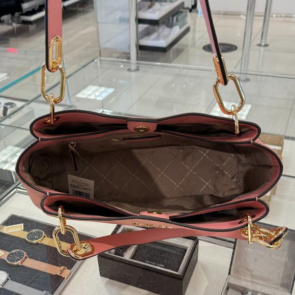 Michael Kors Trisha Large Triple Gusset Shoulder Tote Leather Bag Primrose - Picture 7 of 11